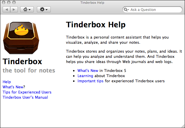 Tinderbox Help dialog Tinderbox Help dialog