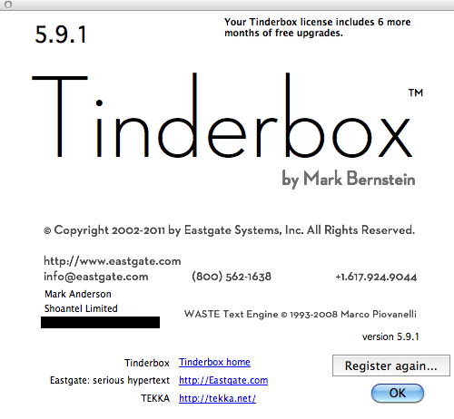 About Tinderbox dialog About Tinderbox dialog