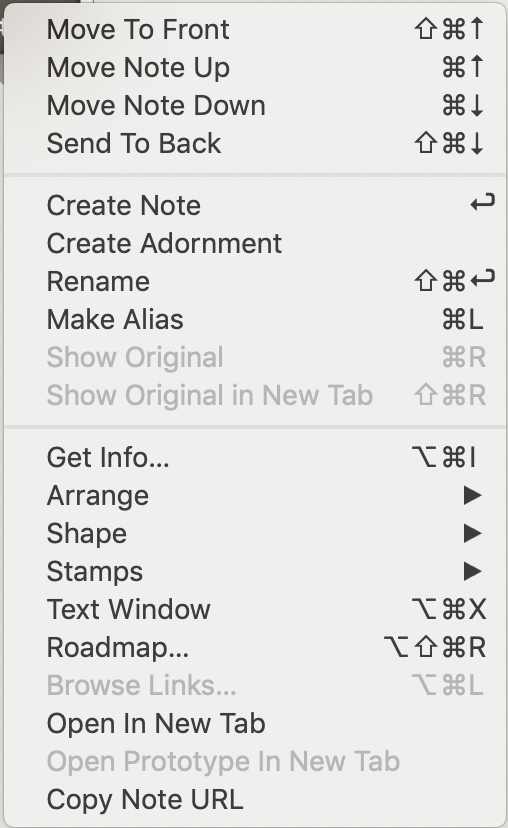 View pane (note selected), pop-up menu