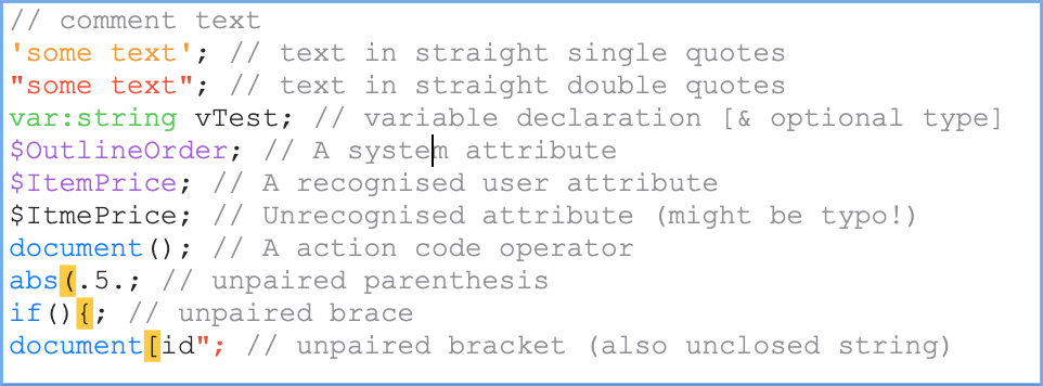 Coloured syntax highlighting in Action code Coloured syntax highlighting in Action code